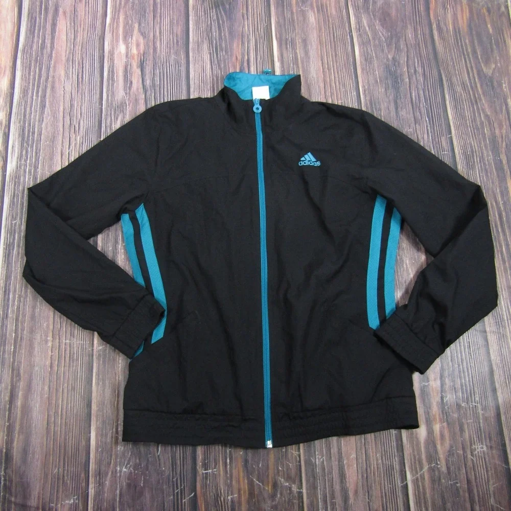 Adidas Track Jacket Mens M Black Blue Full Zip Striped Lightweight Athletic